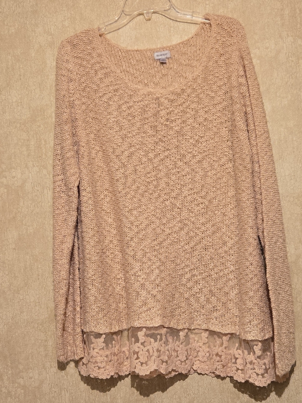 Avenue Blush Knit V-Neck Sweater with Lace Hem